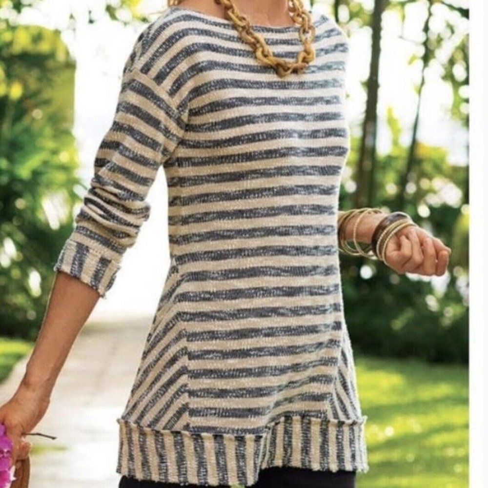Soft Surroundings Marina Sweater Tunic Womens Sz M P Striped Pullover Coastal